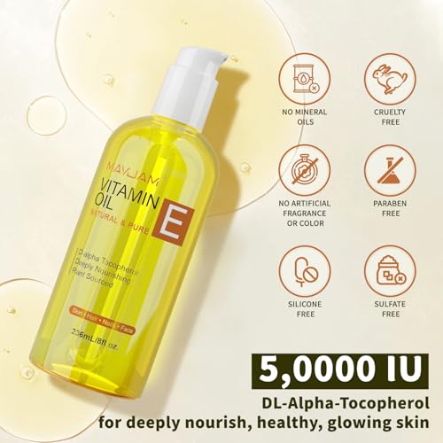 MAYJAM Vitamin E Öl 50,000 IU, Trägeröl 100% Reines Natürliches Premium Qualität, Pflegeöl Mit Jojobaöl, Körperöl für Haut, Gesicht, Haare und Narben, Reparatur und Pflege, Vitamin E Oil 236ML