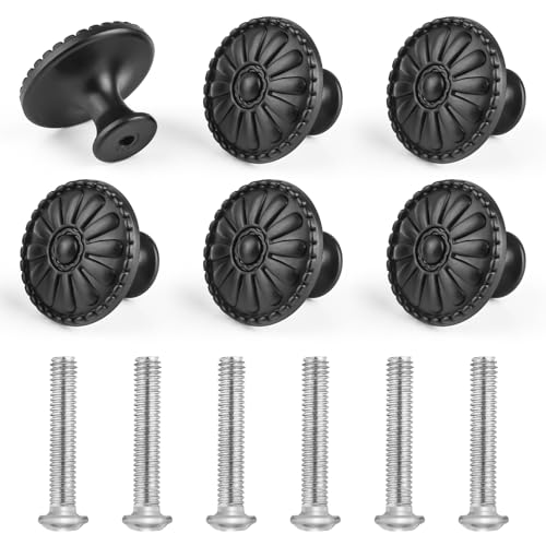TIANCONGYUN Lot de 6 boutons d'armoire en plastique noir mat avec 6 vis standard, boutons d'armoire vintage individuels pour tiroirs, petites armoires et commodes