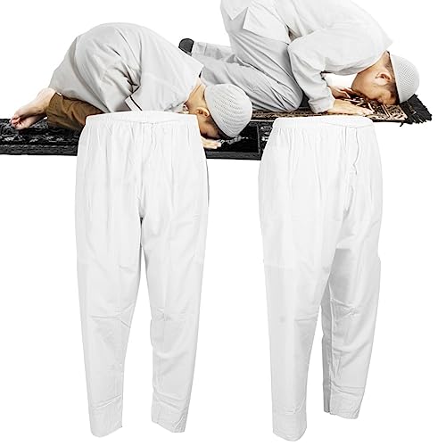 Men Muslim Pant Cotton Loosestyle Afghan Pants Men Muslim Arab Middle Pants with Waist Elastic Band for Prayer (White)3