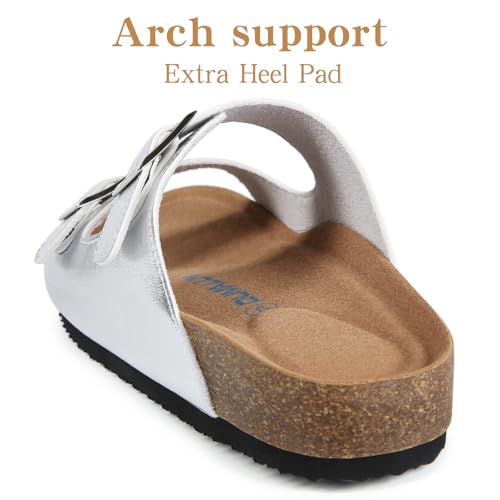 Dumalum Womens Flat Sandals with Cork Footbed Open Toe Slides Adjustable Slip On Slippers for Summer Beach Sandals Arch Support Size 6-124