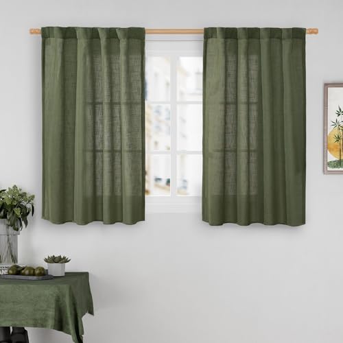 LAMIT Olive Green Linen Curtains 40 Inch for Small Window, Light Filtering Neutral Semi Sheer Window Boho Curtains Back Tab and Rod Pocket Christmas Panels for Living Room, 2 Panels, 34 x 40 Inch