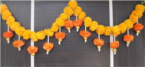 SMIZZY ; (RE) TOUCHING LIVES Fluffy Flowers Marigold Toran Garland for Entrance Door Bandarwal for Main Door/Mandir Decorations Items for Home, (50 Inch Long, Yellow White, 1 Pc)