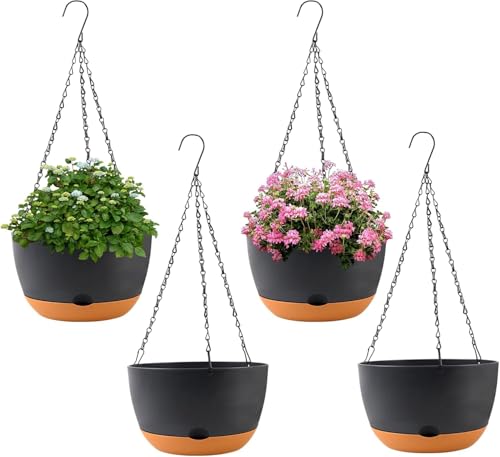 KPUVX 4 Pack Plastic Hanging pots for Plants Indoor,8 Inch Plant Pot Indoor Outdoor Hanging Baskets,Hanging Flower Pots with Drainage Holes and Chain for Garden Porch Plants(Black)