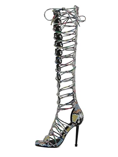 Image of STUPMARY Women Peep Toe Sandals Cut-outs Cross-tied Lace Up High Heeled Gladiator Sandals Zipper Over The Knee Bootie Summer