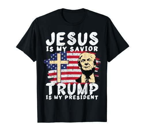 Croix drapeau américain 2020 avec inscription « Jesus Is My Savior Trump Is My President » T-Shirt