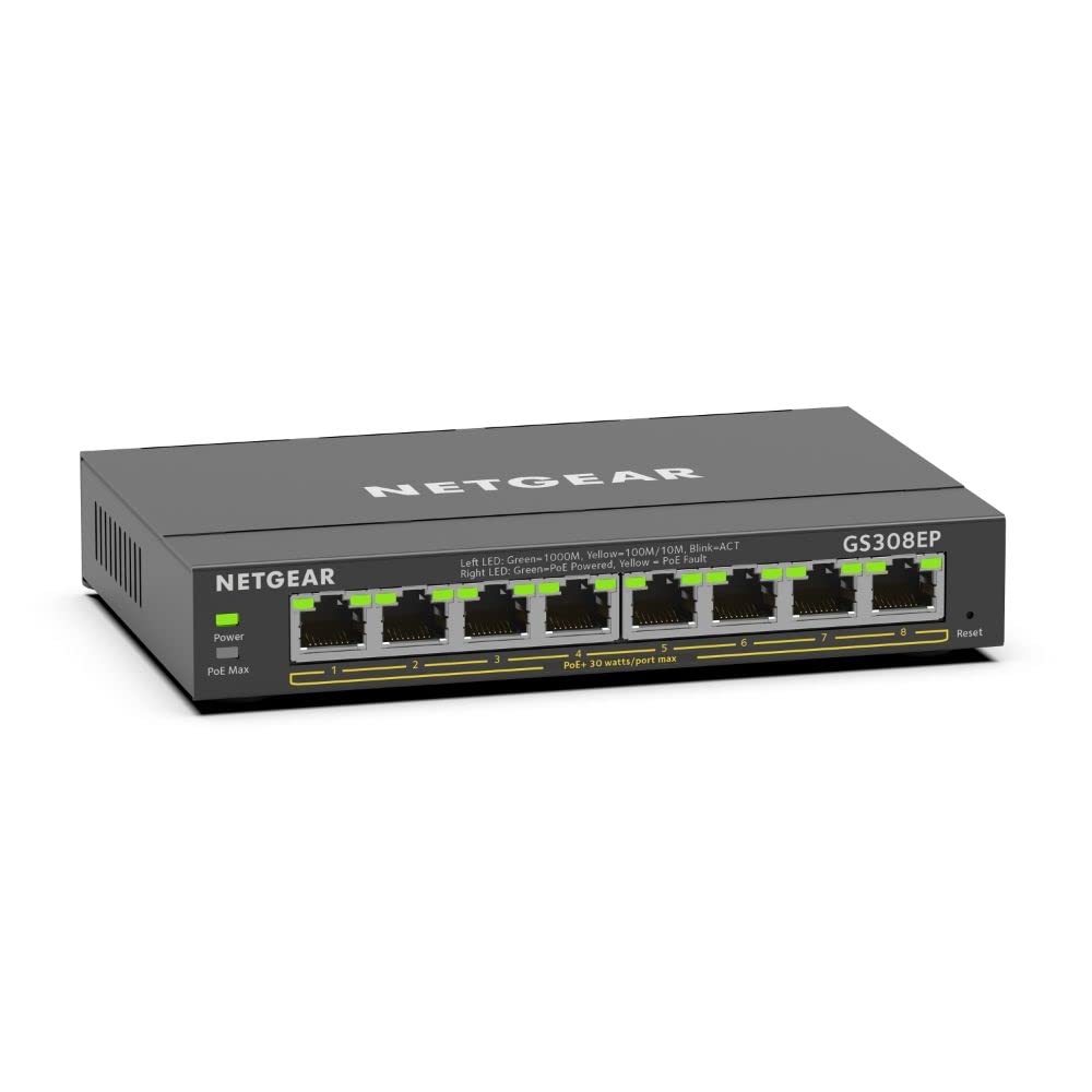 Switch Ethernet NETGEAR de 8 puertos PoE Gigabit con gestión Plus y montaje flexible de sobremesa 8