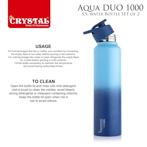 Image of Crystal Aqua 1000 Stainless Steel Water Bottle, Leakproof Lid, Single Walled, ISI Certified I For School, Office, Gym I Light & Dark Blue | Pack of 2