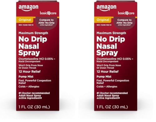 Amazon Basic Care No Drip Nasal_Spray, 12 Hour Nasal Decongestant, Pump Mist, Oxymetazoline HCl, Cold and Allergy Nasal Spray, 1 fl oz (Pack of 2)