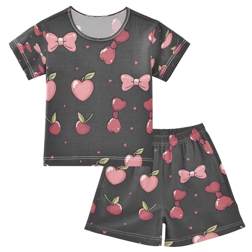 senya Short Sleeve Pajamas Sets Summer Cotton Sleepwear Cherry Heart Black Background