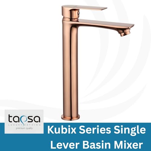 Image of Tapsa Kubix Series Brass Rose Gold Single Lever Basin Mixer Faucet | Modern Single Lever | 12 Inch Tall Body Tap | Hot & Cold Water Mixer for Bathroom, Kitchen Basin Mixer Faucet