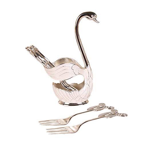 Metal Swan Base Spoon Fork Holder Set, Coffee Fruit Dessert Flatware Dinnerware Set for Decorative Swan Base Holder with 6 Forks or 6 Spoons (Silver Fork)
