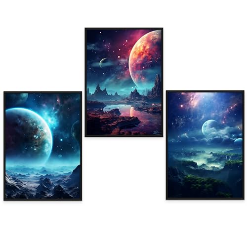 Affiches de planètes abstraites dans un salon contemporain, lot de 3 posters de l'espace A3