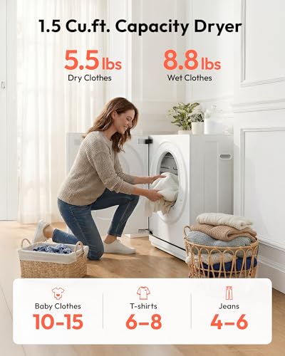 Image of EUHOMY 1.5 Cu.ft. Portable Dryer with 4 Drying Programs, 5.5 lbs Clothes Capacity, Mirror Finish & LCD Touch Panel, 850W Portable Clothes Dryer for Apartment, Dorm & RV, White