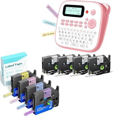 EazeID Label Maker with 8PK Tapes Laminated Color, Pink Label Maker Waterproof-Labels, Desktop Labeler Machine for Home Kids School Items, Keyboard Labeler