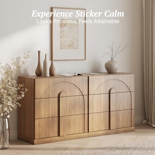 Image of BELLEZE Sideboard Cabinet with 3 Drawers, Set of 2 Modern Wood Buffet Cabinet with Arc Design, Large Fluted Sideboard with Storage for Kitchen Living Room Entryway, Camel