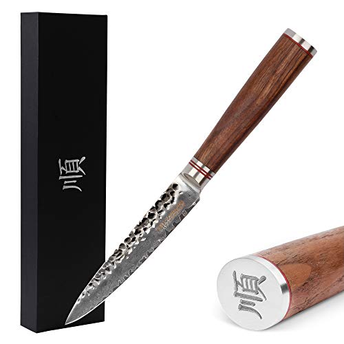 YOUSUNLONG Gebrauchsmesser 5 Zoll (127 mm) Pro Peeling-Messer Japanischer -Griff aus gehämmertem Damaststahl aus natürlichem Walnussholz Cover
