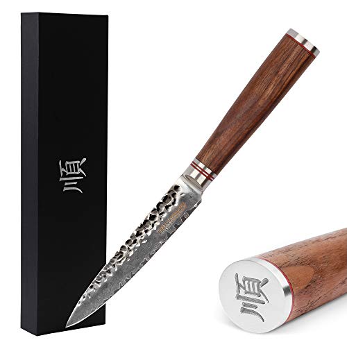 YOUSUNLONG Couteaux utilitaires 5 pouces Pro Peeling Knives Japonais VG10 Martelé Damas Acier Noyer Naturel Manche En Bois