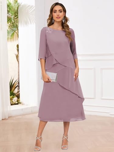Tea Length A-line Mother of The Bride Dresses 3/4 Sleeve Fall Chiffon Mother of The Groom Dress2