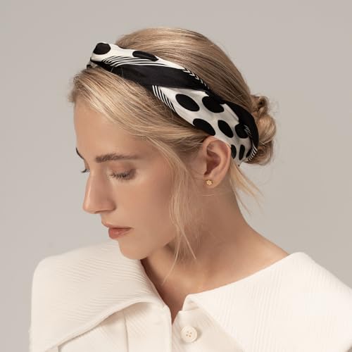 Polka Dot Scarf for Women: Natural Silk Black White Polka Dot Head Cover - Premium Satin Hair Wrap - Square Bandana for Sensitive Scalp Women Workout Gift 21 In2