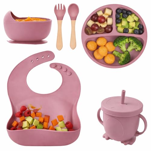 Image of 6 Pcs Silicone Baby Feeding Set | BPA-Free Baby Dinner Set with Suction Plate, Bowl, Bib, Cup, Spoon & Fork | Microwave & Dishwasher Safe | 6+ Months (Pink)