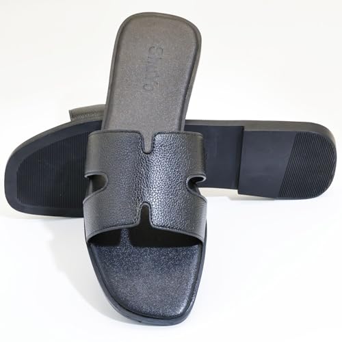 Image of Women's Flat Sandals, Ladies Leather Slippers, Comfy Dressy Slip on Shoes Elegant Slides Summer Fall Spring Cute Open Toe Casual Footwear