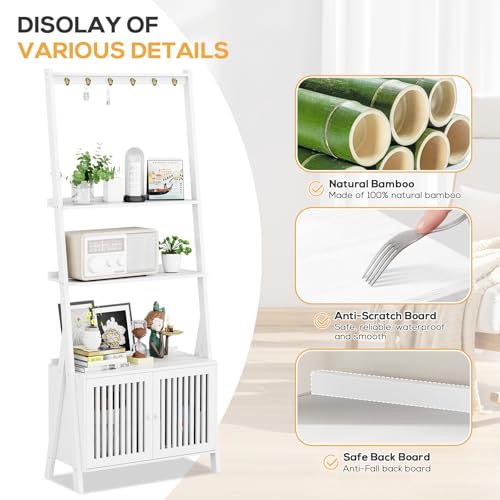 Image of Bookcase with Drawers, 4-Tier Bamboo Bookshelf Ladder Shelf with 6 Hooks, 59.5 inchH x 24.8 inchL x 10.6 inchW, Tall Narrow Freestanding Standing Storage Organizer for Living Room, Office, Bedroom, White
