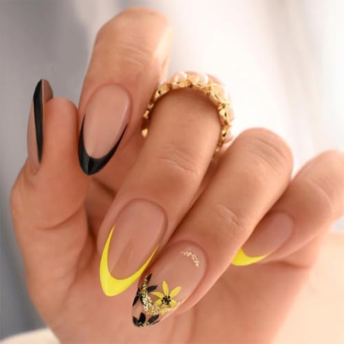 Medium Press on Nails Almond Shape Fake Nails Yellow Black