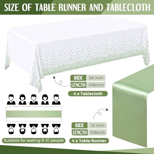 Image of Breling 8 Pack White and Sage Green Disposable Plastic Tablecloths and Satin Table Runner Set, 54 x 108 Inch Tablecloth, 12 x 108 Inch Table Runners for Wedding Graduation Birthday Baby Shower