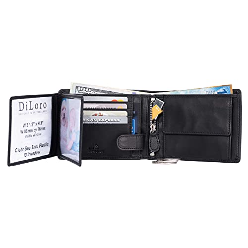 Image of DiLoro Mens Large Leather Bifold Wallet Flip ID Zipper Coin Compartment | Large capacity mens bifold wallet featuring dual flip ID windows, a coin pocket, and a YKK zippered compartment
