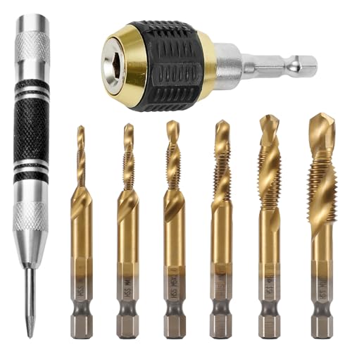6 Stück Bohrer Set, Rostfreie Stähle, mit Schnellwechselspannzange und Positionierstempel, M3 M4 M5 M6 M8 M10 Bohr-Gewindebohrer-Senker Bits, 1/4” Hex-Schaft, Geeignet für Holz, Metall (Gold)
