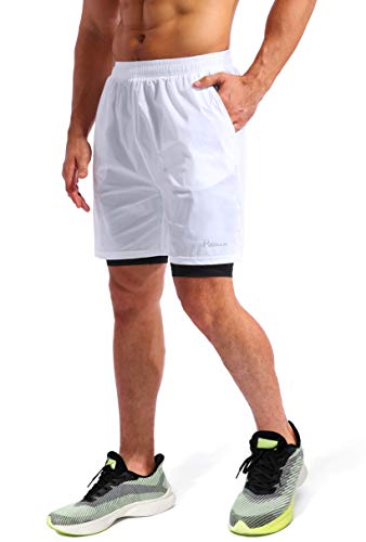 Image of Pudolla Men's 2 in 1 Running Shorts 5 inch Quick Dry Gym Athletic Workout Shorts for Men with Phone Pockets