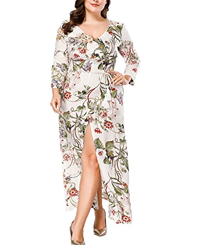 UN-BRAND Women Plus Size Flowers Print Maxi Dresses V Neck Long Sleeve Open Fork Boho Dress Slim Fit Classic Elegant Autumn Dresses (Beige,4XL,4XL)