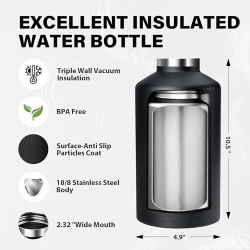 Image of Insulated Water Bottle 64 oz, Triple Wall Vacuum Stainless Steel Water Bottles(Cold for 48 Hrs), Leak Proof & Non-BPA, Half Gallon Water Flask Jug with Straw Spout Lids for Gym, Sports, Camping