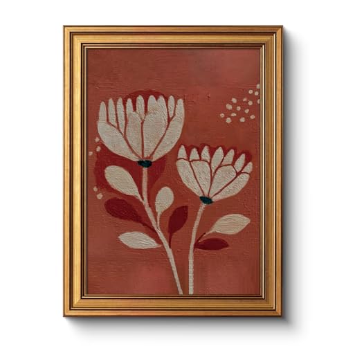 Vintage Gold Framed Floral Canvas Wall Art 12x16 Inch, Retro Textured Abstract Flower Painting Print, Modern Rustic Warm Red Botanical Artwork Living Room Bedroom Entryway Office Home Décor