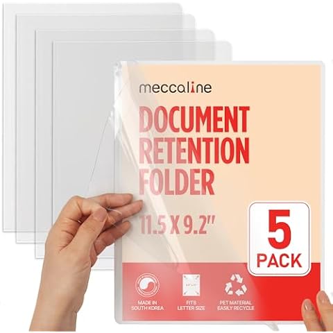Meccaline Clear Plastic File Folders for Document, Presentation, Project, or Portfolio Filing, Large Thick Heavy-Duty PET Sleeves for U.S. Letter Size Papers, 5-Pack​ Cover