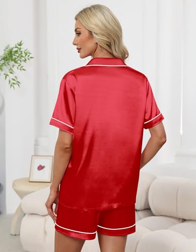Image of Schbbbta Women Pajamas Set, 2 Pieces Satin Silk Button Down Pjs Short Sleeve Outfits Loungewear