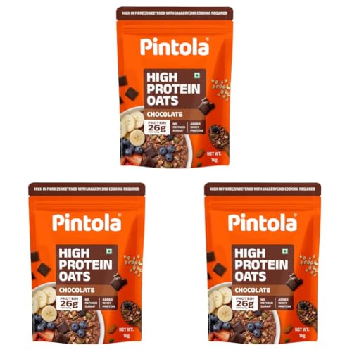 Image of PINTOLA 26g High Protein Oats 1kg, Dark Chocolate, No Refined Sugar, with Almonds, Raisins, Pumpkin & Chia Seeds, 9.6g Fibre, Rolled Oats for Weight Loss, Breakfast Cereals | Gluten Free (Pack of 3)