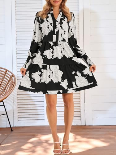 Image of Imily Bela Womens Fall Long Sleeve Tunic Dress Casual V Neck Tiered Dress | Loose,Swing,A-Line,Ruffled Collar,Puff Balloon Sleeve,Smocked Elastic Cuffs,Tiered Layered Ruffle Hem,Babydoll,Loose,Mini