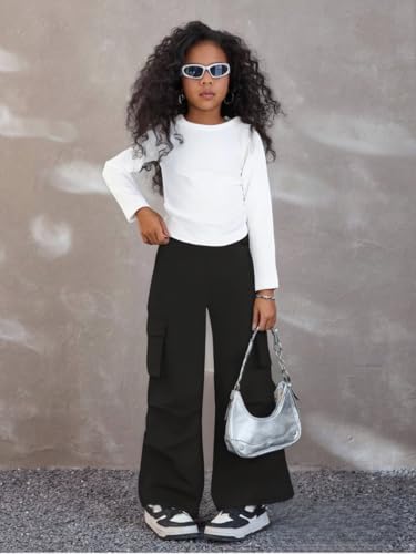 Image of Azmxynol Girls Clothes 2 Piece Outfit Ribbed T-Shirt Top + Cargo Pants, Girls Fall Clothing Set, Sizes 5-16 Years