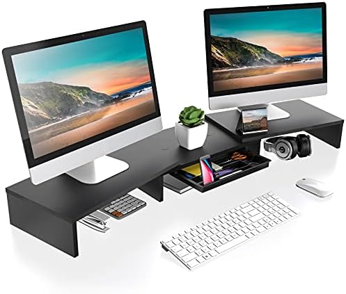 FITUEYES Dual Monitor Stand with Storage Drawer and Phone Holder, Wood Computer Laptop Riser, 3 Shelf Length and Angle Adjustable, Desk Organizer, Max Load 25kg, Black