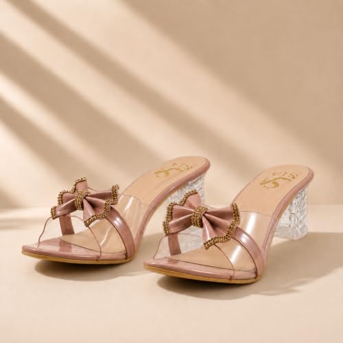 Image of Women's Transparent Block Heel Sandals with Rhinestone Bow, Clear Strap Slip-On Party Heels for Women