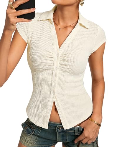 Womens Button Down Shirts, Ruched Summer Tops with Y2K Collar, Slim Fit Short Sleeve Dressy Casual Blouses(White, L)