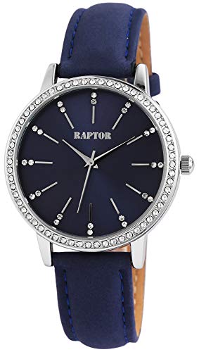 Raptor Damen-Uhr Echt Leder Armband Strass Glitzer Elegant Analog Quarz RA10176 (blau)