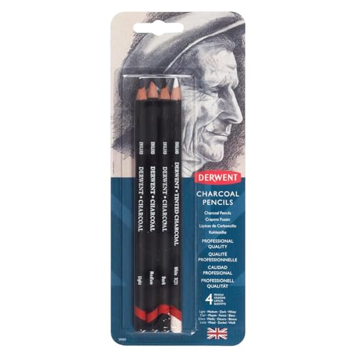 Derwent Charcoal Drawing Pencils Professional Quality 39000 Light Dark and Tinted Charcoal White Black Set Of 4 Medium