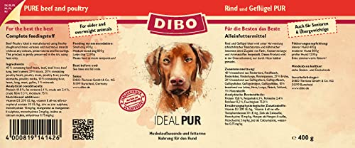 DIBO PUR IDEAL - Rind & Geflügel, 6 x 400g-Dose, Hundefutter, Nassfutterohne Konservierungsstoffe, Reine Fleischdosen aus frischem und natürlichem Fleisch Qualität