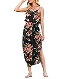 Picture of LILBETTER Women's Adjustable Spaghetti Strappy Split Summer Floral Midi Dress(Flower Brown Black,Small)