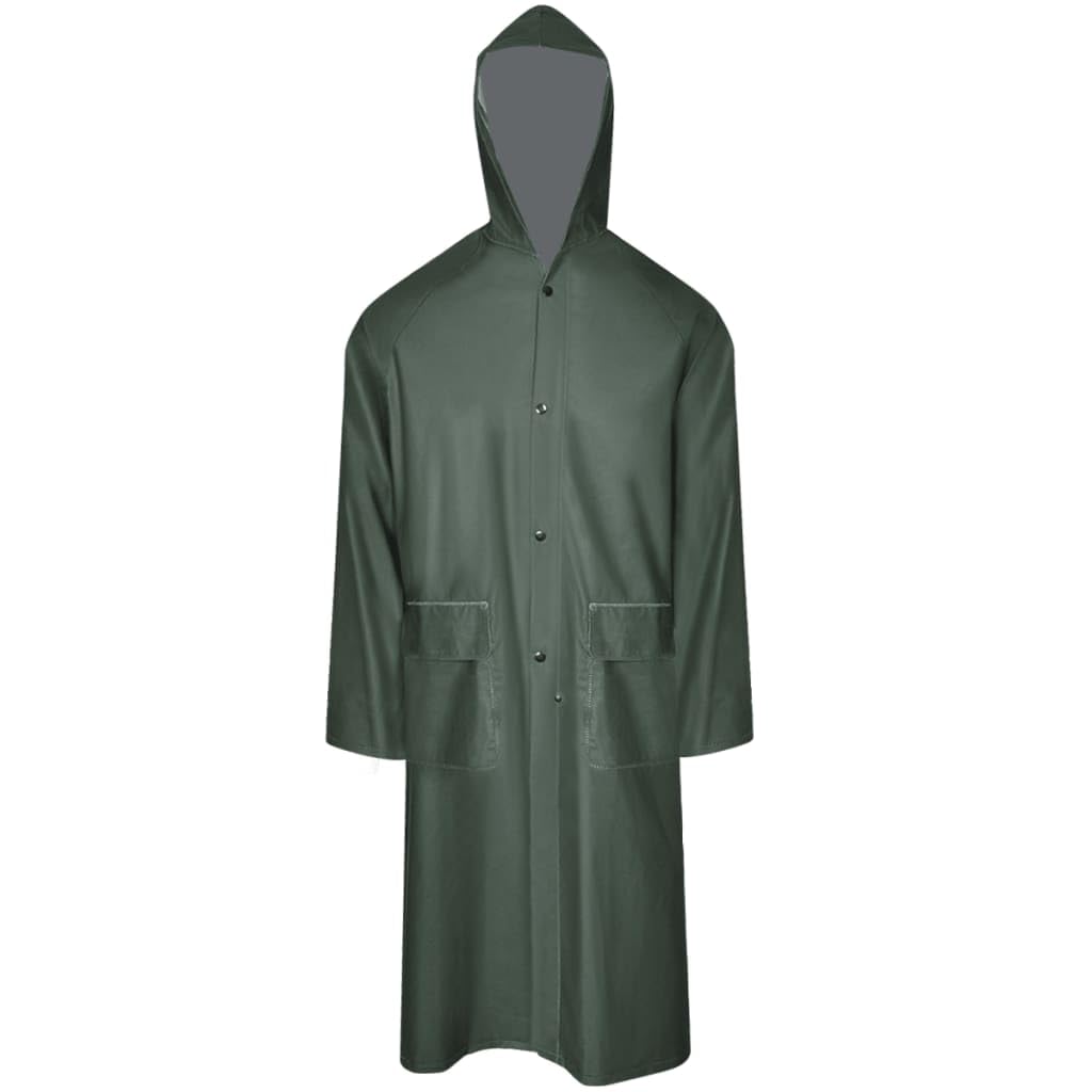 Manteau de Pluie Long Vert Taille L en Polyester Enduit PVC avec Capuche, Poches à Rabat, Poignets élastiques, Protection Pluie tempête pour randonnée Camping Travail Plein air