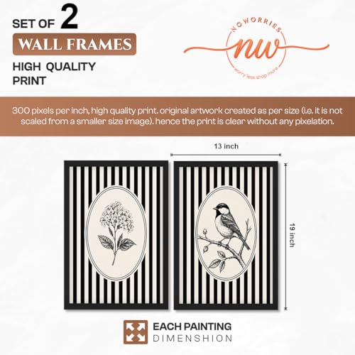Image of NoWorries Vintage Botanical Bird & Floral Wall Art Prints Set of 2, Black and White Striped Gallery Wall Decor, Minimalist Farmhouse Bird Illustration, Framed Nature Artwork for Living Room Bedroom Office (Art-2, 13x19inch)