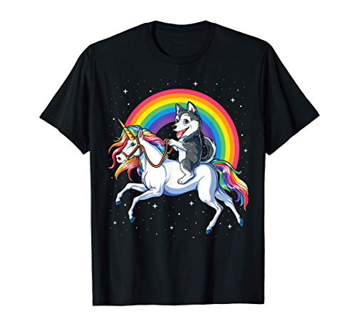 Siberian Husky Riding Unicorn Girls Rainbow Gifts Galaxy Maglietta