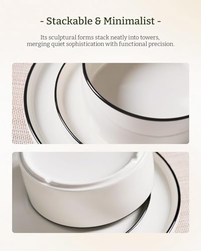 Image of Famiware Porcelain Dinnerware Set, 24-Piece Modern Plate and Bowl Set, dish set for 8, Microwave and Dishwasher Safe Tableware, White with Black Trim
